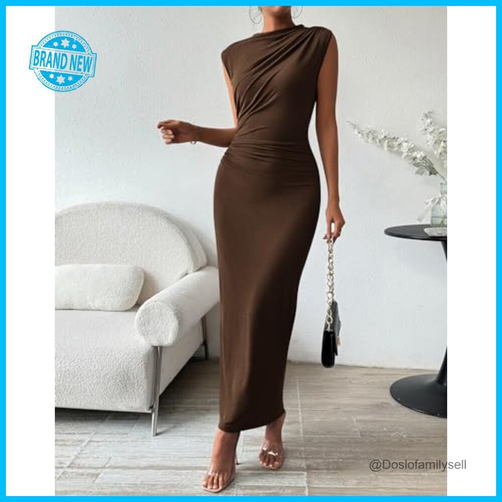 Ruched Bodycon Maxi Dress Elegant Back Slit Sleeveless Party Cocktail Wear - Picture 3 of 7